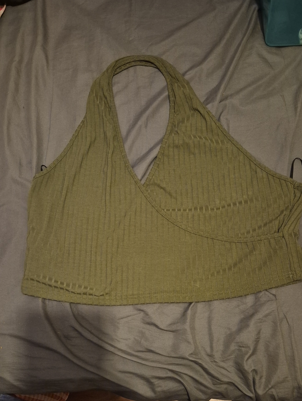 SHEIN Olive Ribbed Halter Crop Top